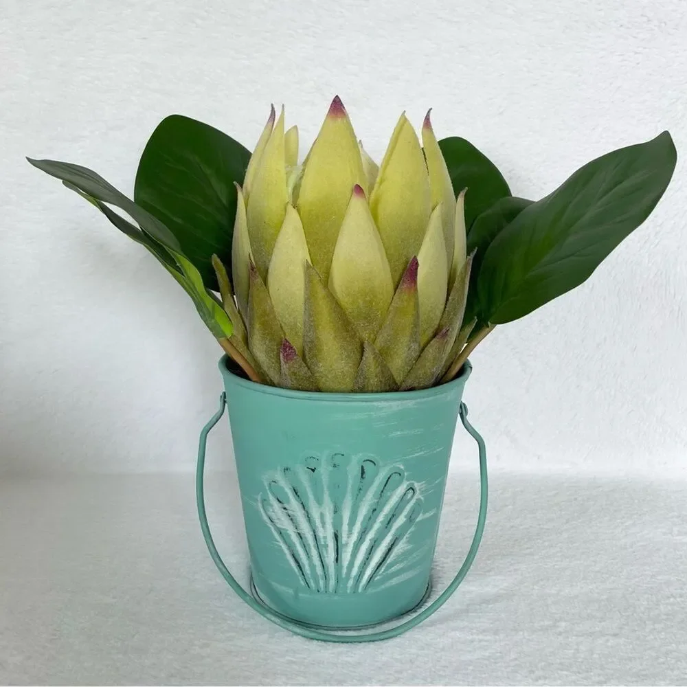 Handmade Artificial Protea in Seashell Bucket Floral Arrangement